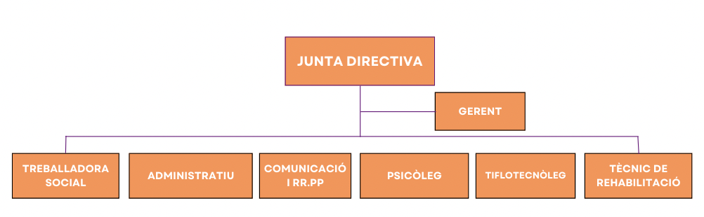 Organigrama:
Junta Directiva, Gerent, Trreballadora Social, Administratiu, Comunicació i RR.PP, Psicòleg, Tiflotecnòleg, Tècnic de rehabilitació